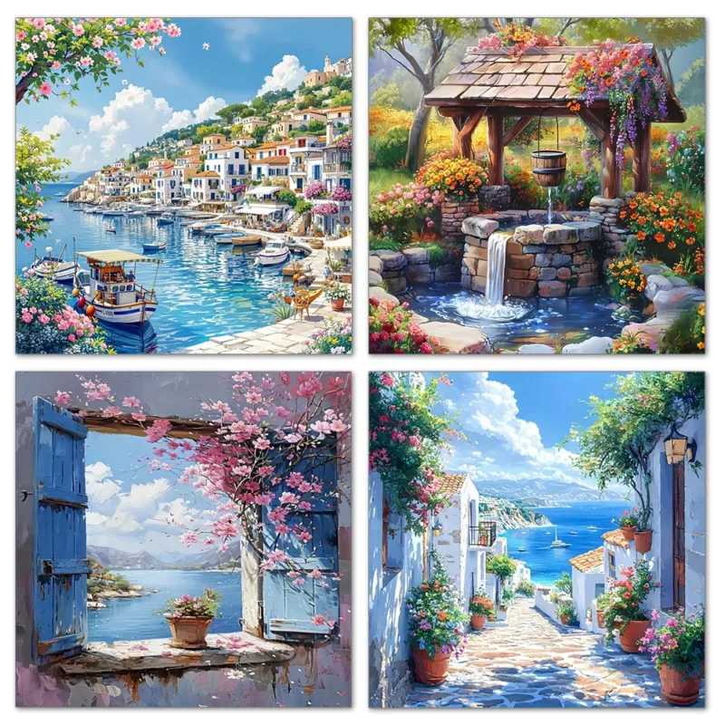 Full Square Round Diamond Mosaic House Landscape DIY Painting Town Ship New Arrival Embroidery Seaside Unique Gift