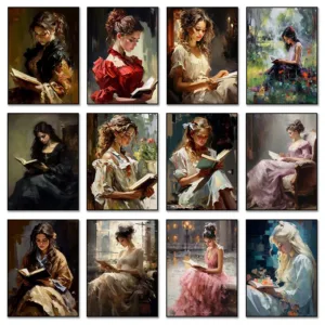 Vintage Portrait Oil Painting Women Read Elegant Girl Book Lovers Poster Canvas Paintings Wall Art Pictures For Room Home Decor