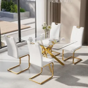 5-Piece Dining Table Set or 4, ern Recular Glass Table with 4 Upholstered Leather Chairs, Space-Saving Dining Room urniture Tabl