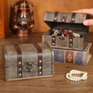Retro Wooden Storage Box with Lock Handmade Decorative Jewelry Organizer for Necklace Postcard Keepsake Gift for Friends