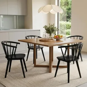 Wooden Black Dining Chairs Set of 4, Windsor Dining Room Chairs with Arms Farmhouse Spindle Back Wood Kitchen Chairs with Curve