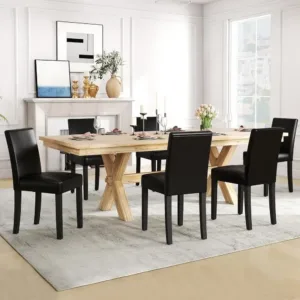 Set of 6 Modern PU Leather Upholstered Dining Chairs with Solid Wood Legs for Kitchen and Living Room, Black