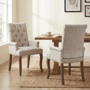 Upholstered Dining Chairs Set of 2 with Arms, Tufted Chenille Kitchen Chairs with Walnut Wood Legs, Modern Farmhouse Armchair with Nailhead Trim for Dining Room, Home Office, Living Room Accent Seating, Sturdy, Comfortable, Easy Assembly