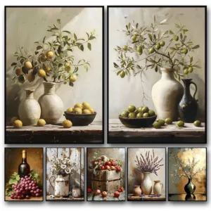 DIY Oil Painting By Numbers Vintage Lemon Olive Tree Plants in Vase Prints Still Life Digital Oil Painting For Home Room Decor