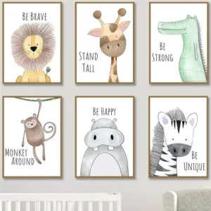 Nursery Wall Art Cute Cartoon Animal Posters with Inspirational Quotes Giraffe Lion Be Brave Canvas Prints for Baby Kids Room