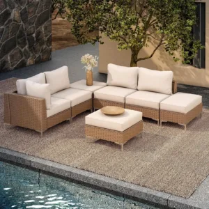 PE Wicker Outdoor Sectional Sofa Set with Adjustable Backrests & Storage Ottoman, 7-Piece Beige, Custom