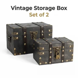 Vintage Wooden Treasure Chest Set of 2, Decorative Storage Box with Lock for Home Decor & Jewelry Organizer
