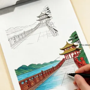 A Step-by-step Coloring Book for Landscape Architecture, A Line Drawing Brochure for Ancient Architecture Style with 24 Patterns
