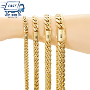 6-14mm wide Stainless Steel Cuban Miami Chains Necklaces unisex Necklace Chain 316L 14K gold-plated Hip Hop Bracelet Gold Color