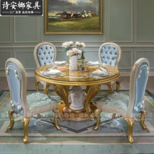 European solid wood hand-carved dining table and chair com***ation French 6-person round dining table vil******ing room furnitur