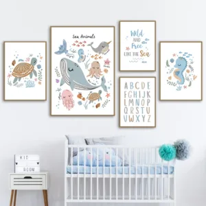 Ocean Animals Sea Turtle Whale Number Alphabet Nursery Wall Art Print Canvas Painting Poster Pictures Baby Kids Room Home Decor