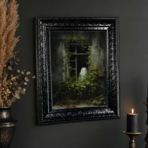 Framed Canvas Wall Art Vintage Ghost In Overgrown Window Print, Dark Gothic Spooky Painting for Halloween Bedroom Home Decor