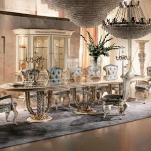 !@Luxury Royal Furniture Villa Hand Carved Wooden Oval Dining Table Set for 10 People Long Dining Table