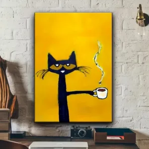 Yellow‑Background Black Cat Coffee Canvas Wall Art, Nordic Cartoon Animal Poster, Unframed Print for Kitchen Living Room Home