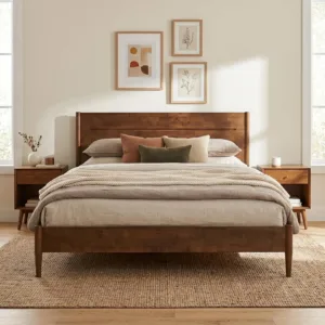 Apollo Full Size Wood Bed Frame, Premium Solid Rubberwood Platform Bed with Headboard, Natural Finish Wood Slat, Customized
