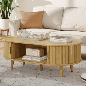 42.5" W Oval Coffee Table, Mid Century Modern Coffee Table with Sliding Tambour Door, Fluted Center Table Custom