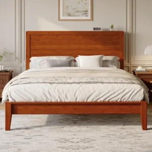 Queen Size Bamboo Bed Frame with Tall Headboard, Japanese Joinery Platform Bed, Sturdy Wood Slat Support, 7.9", Customized