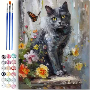 Paint By Numbers Cute Grey Cat Kit Adults Beginner DIY Canvas Stress Relief Home Wall Decor Craft Gift for Friend Family