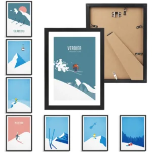 Winter Minimalist Vintage Ski Gallery Wall Art 21x30cm with Photo Frame Ski Mountain Posters for Home Decor & Travel Gift