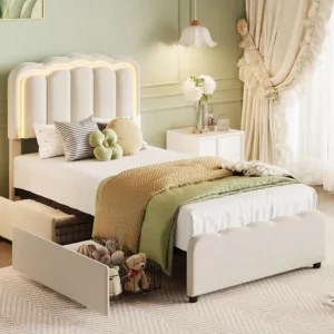 Twin Bed Frame With 2 Storage Drawers LED Lights Upholstered Platform Bed Adjustable Headboard No Box Spring Wood Slats