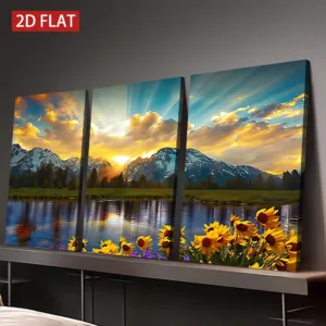 3 Counts Wooden Framed Canvas Painting, Sunrise Mountain Lake Sunflower Landscape Art Print, Wall Decor for Living Room Office