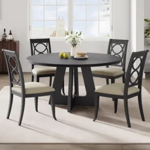 47" Round Dining Table Set for 4 to 6, Farmhouse Kitchen Table with Wooden Top and Pedestal Base, Circle Dinner Table for Dining