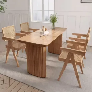 #Nordic Style Solid Wood Dining Table and Chair Set with Rattan Back Armrest Long Dining Table for Restaurant