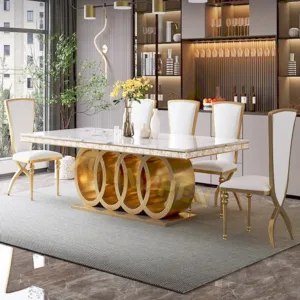 # Furniture Gold Metal Stainless Steel Rectangular Dining Table Set Restaurant Marbles