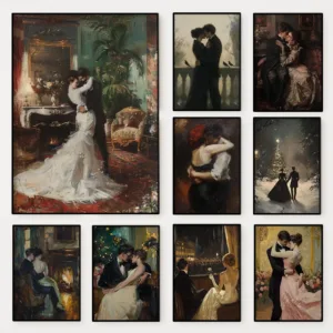 Bride and Groom Vintage Couple Poster Romantic Lovers Kissing Scene Victorian Canvas Painting Wall Art Living Room Home Decor
