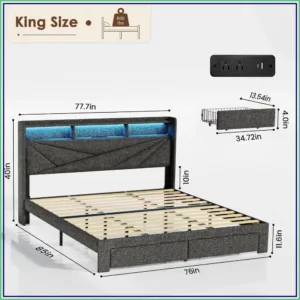 King Size Bed Frame with 2 Storage Drawers, Upholstered Headboard, No Box Spring Needed