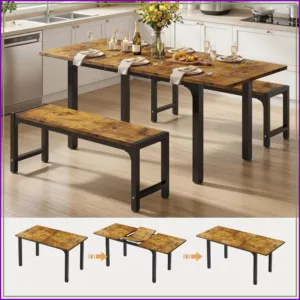 63" Extendable Dining Table Set for 4-6, Space-Saving with Bench