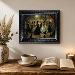 Halloween Wall Art, Framed Canvas Wall Art Gothic Witches Gathering Forest Print for Dark Academia Spooky Home Room Decor