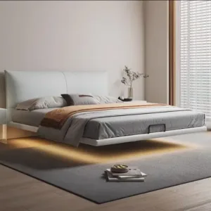 !@Simple Design Full Size Double Modern Luxury Wooden Frame Suspended Soft Bedroom Furniture Leather king Beds for Adults
