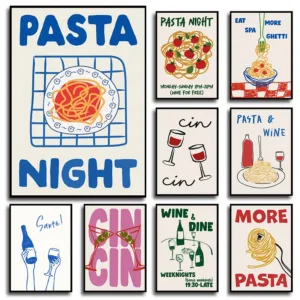 Trendy Wine Cheers Print Posters Retro Poster Pasta Night Food Print Painting Bar Cart Art Decor Maximalist Room Decor