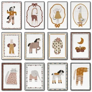Cute Animals Elephant Horse Bunny Cat Poster Boho Nursery Canvas Printing Neutral Wall Art Picture for Kids Room Home Decor Gift