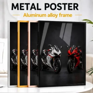 Red And White Sport Motorcycles Framed Metal Print Customized Photo Urban Rider Style Wall Art For Man Cave Memorable Fan Gift