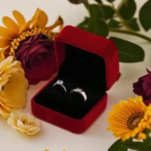 1PC Red Velvet Ring Box Wedding Pair Ring Box Diamond Ring Box Proposal Velvet Double Ring Box Wedding Props (Ring on display no