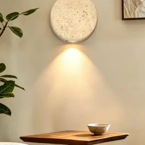 Wabi Sabi Style yellow travertine vintage stone and wood wall light for bedroom nightstand living room staircase home decor