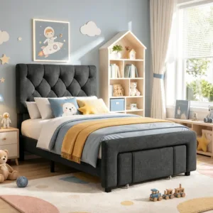 Twin Size Platform Bed Frame With Storage Drawers, Upholstered Headboard, Solid Wooden Slats, Noise Free, No Box Spring