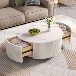 Modern Round Movable Coffee Table with Casters, 2 Drawers, Marble Pattern Sintered Stone Top, White, 29.5", Customized