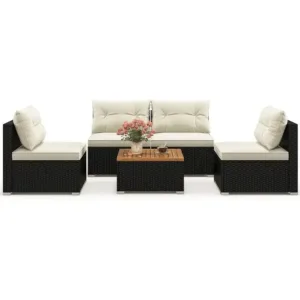 5-Piece Outdoor Rattan Sofa Set with Cushions, Square Coffee Table, Suitable for Patio, Backyard, and Poolside