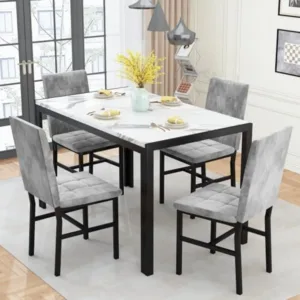 Dining Table Set for 4, Faux Marble Kitchen Table and Chairs Set of 4, Modern Dining Room Table with Velvet Dinner