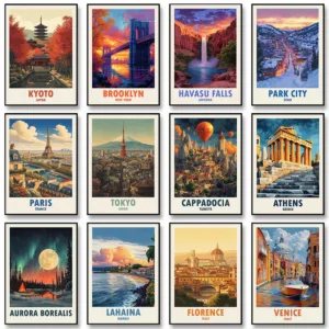 World Travels Retro Global City Landmark Famous Destination Canvas Painting Wall Art Poster Picture Home Decor Mural Cuadros