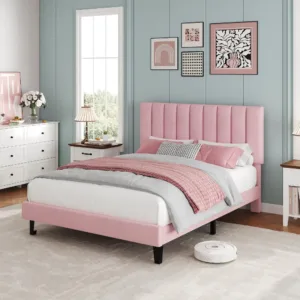 Twin Full Queen Upholstered Platform Bed Frame, Adjustable Tufted Headboard, Wood Slats, 1000lbs Support, No Box Spring Needed