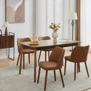 Dining Chair Set of 4, Leather Upholstered Dining Chair with Wood Legs, Wing Backrest, Wooden Kitchen Chair, Kitchen Chairs with