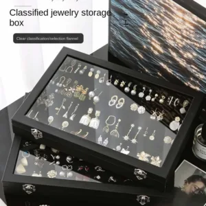 Stylish Black Jewelry Storage Box for Earrings, Necklaces, Rings, Bracelets and Other Accessories with Transparent Glass Cover