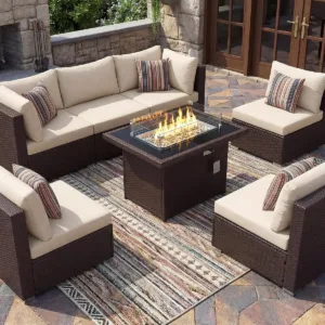 7 Piece Outdoor Patio Set with Fire Pit Table & Wicker Sofa, Brown Beige, Custom