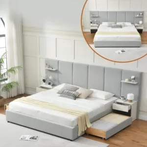 King Size Bed Frame with Storage & Built-in Nightstands & Drawers, Gray | Velvet Upholstered Platform Bed Frame & 6 Floating Sto