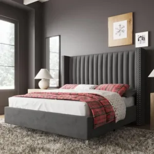 Jocisland King Size Upholstered Platform Bed Frame with Tall Wingback Headboard,Velvet Modern Luxury Design,No Box Spring Needed