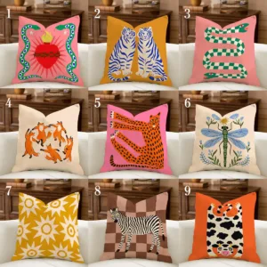1pc Eclectic Pink Orange Pillowcase, Earth Tone Whimsical Folk Art Cushion, Dopamine Decor, Maximalist Throw Pillows, Colorful V